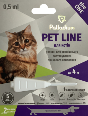 Краплі на холку від бліх, кліщів і гельмінтів Palladium Pet Line the One для котів вагою до 4 кг
