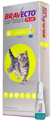 Bravecto PLUS spot-on Краплі на холку від бліх, кліщів та глистів для кішок вагою від 1.2 до 2.8 кг