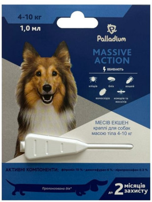 Краплі на холку проти бліх і кліщів Palladium Massive Action для собак вагою 4-10 кг 1 мл
