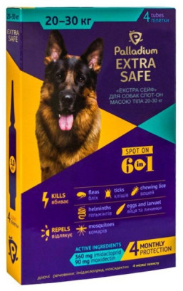 Краплі на холку проти бліх, кліщів і гельмінтів Palladium Extra Safe для собак вагою 20-30 кг 3 мл, 1 піпетка