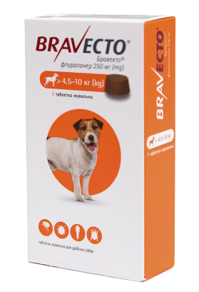 Жувальна таблетка Bravecto (Бравекто) від бліх і кліщів для собак 4.5-10 кг