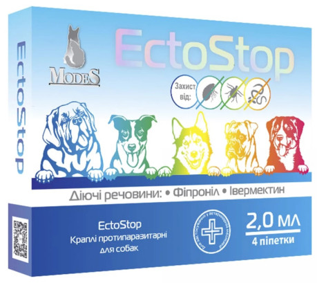 Краплі Modes EctoStop протипаразитарні для собак вагою 10-30 кг, 2 мл, ціна за 4 піпетки