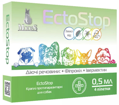 Краплі Modes EctoStop протипаразитарні для собак вагою до 4 кг, 0.5 мл, ціна за 4 піпетки
