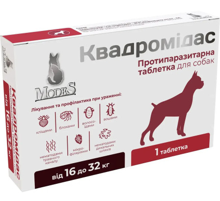 Протипаразитарна таблетка Modes Квадромідас проти бліх і кліщів та гельмінтів для собак вагою 16-32 кг, 1.6 г, 1 табл