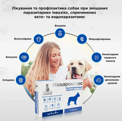 Протипаразитарна таблетка Modes Квадромідас проти бліх і кліщів та гельмінтів для собак вагою 2-4 кг, 0.2 г, 1 табл