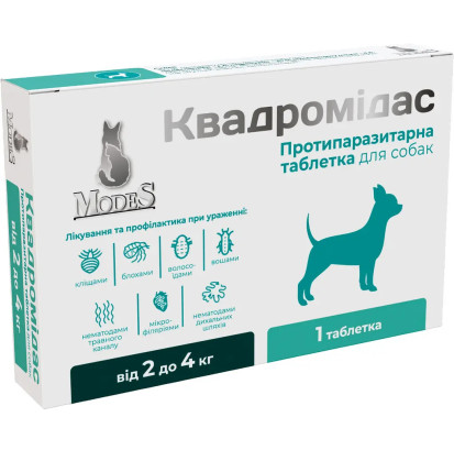 Протипаразитарна таблетка Modes Квадромідас проти бліх і кліщів та гельмінтів для собак вагою 2-4 кг, 0.2 г, 1 табл