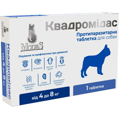 Протипаразитарна таблетка Modes Квадромідас проти бліх і кліщів та гельмінтів для собак вагою 4-8 кг, 0.4 г, 1 табл