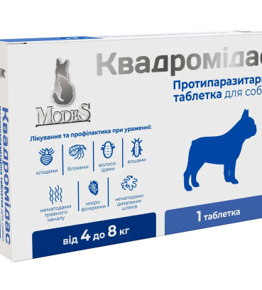 Протипаразитарна таблетка Modes Квадромідас проти бліх і кліщів та гельмінтів для собак вагою 4-8 кг, 0.4 г, 1 табл