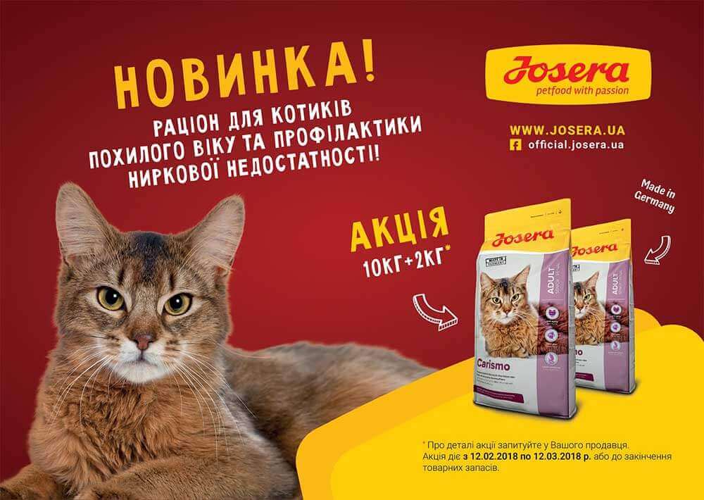 Новинка: Josera Carismo - спеціальний раціон для котиків похилого віку та профілактики ниркової недостатності.